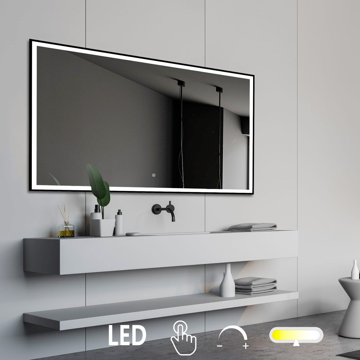 Fie m. Touch switch - Firkantet LED spejl med sort kant