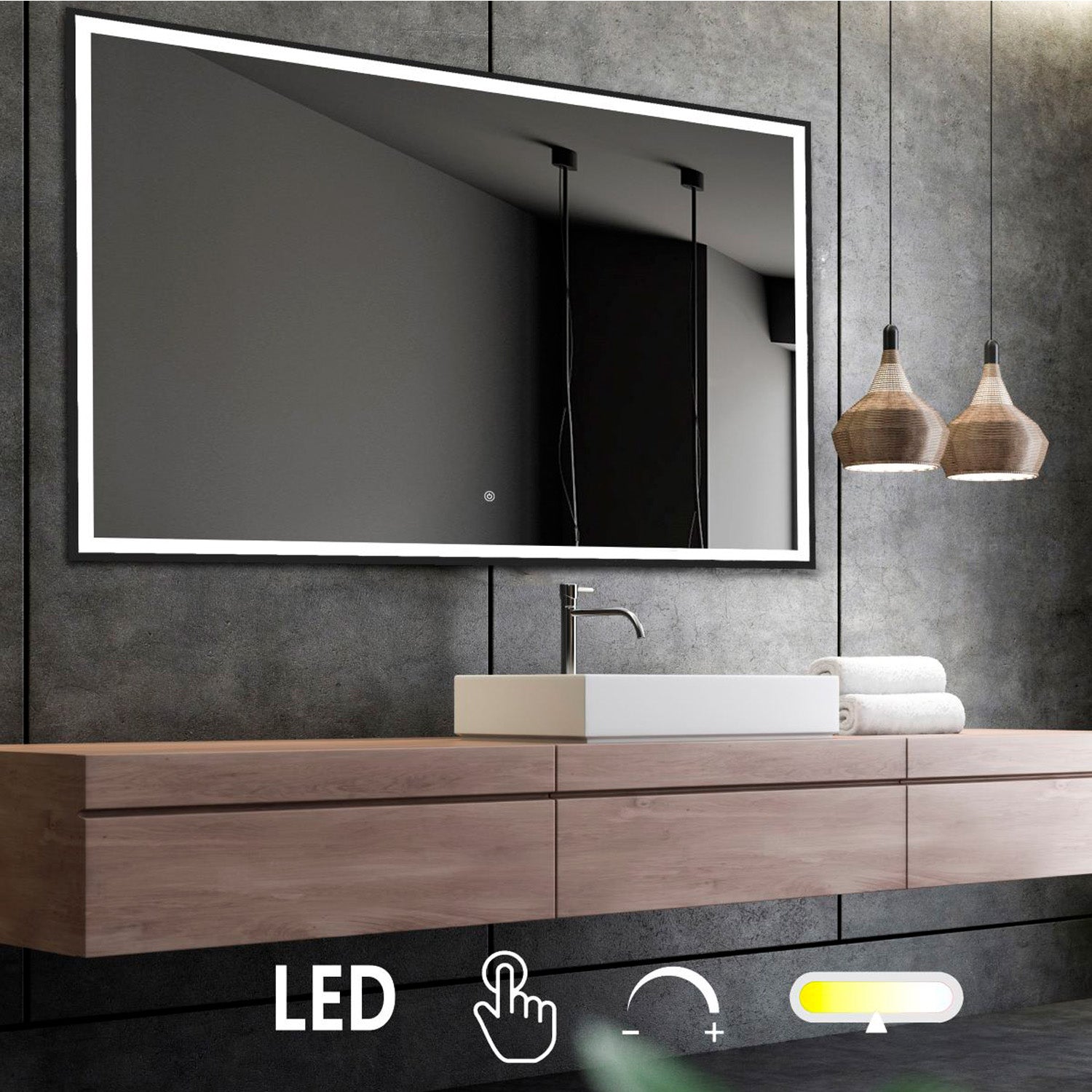 Fie m. Touch switch - Firkantet LED spejl med sort kant