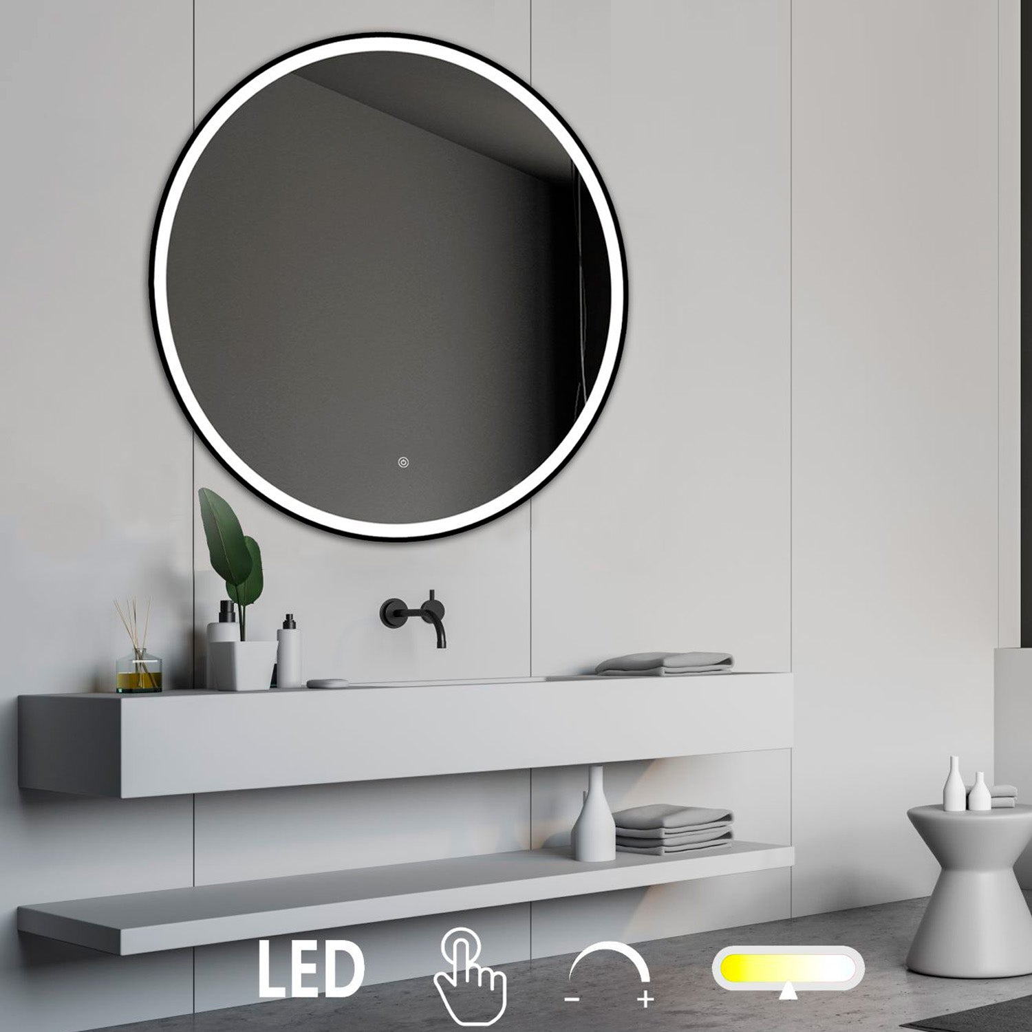 Janni m. Touch switch - Rundt LED spejl med sort kant