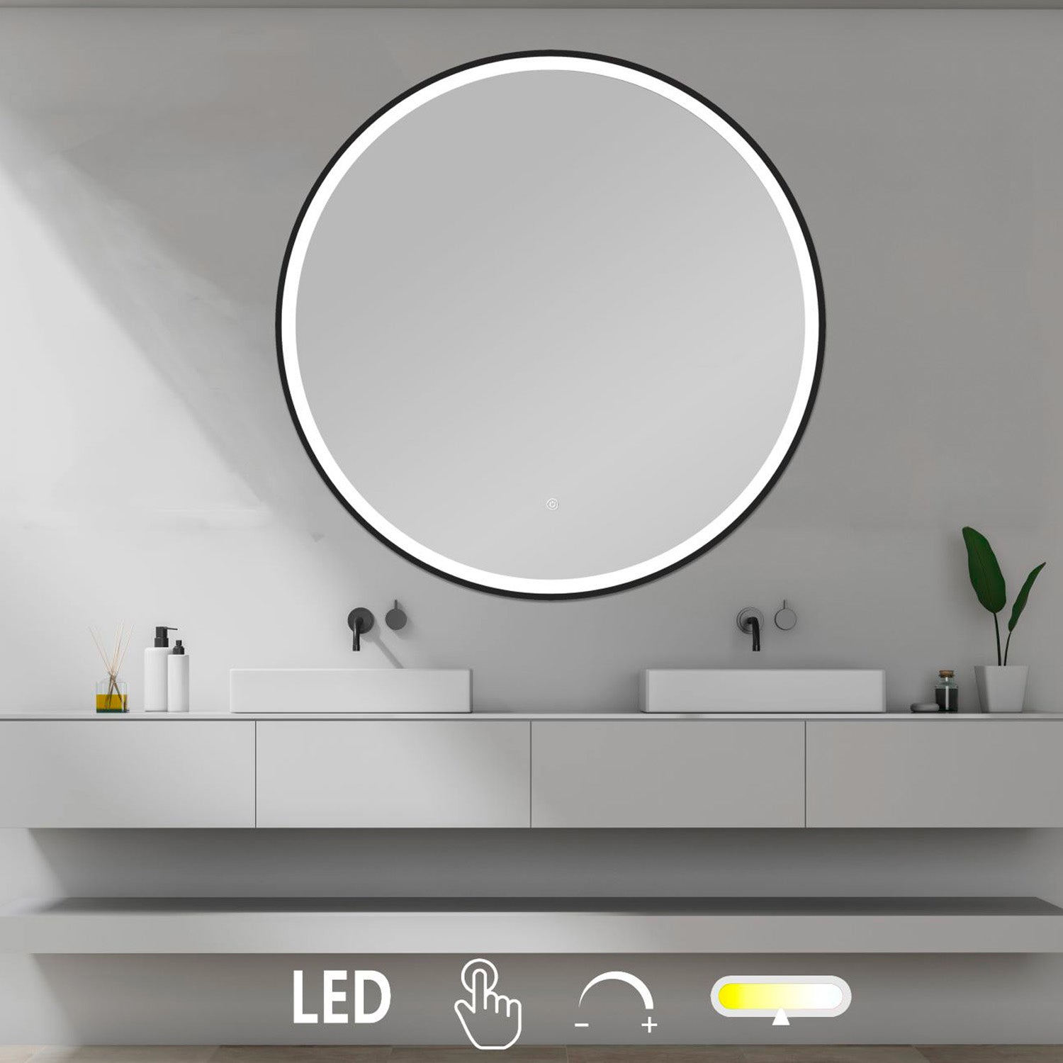 Janni m. Touch switch - Rundt LED spejl med sort kant