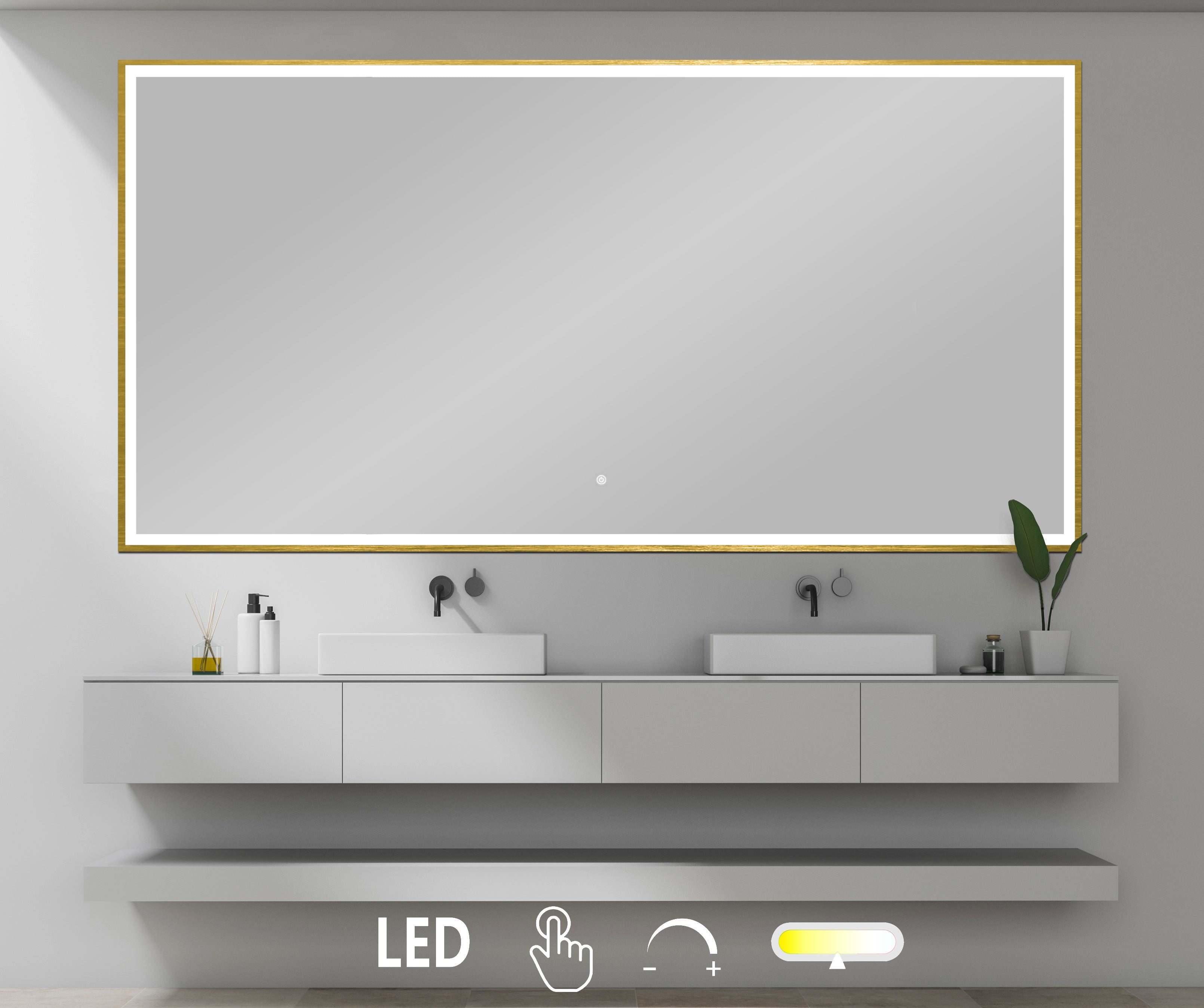 Tanja m. Touch switch - Firkantet LED spejl med messing kant